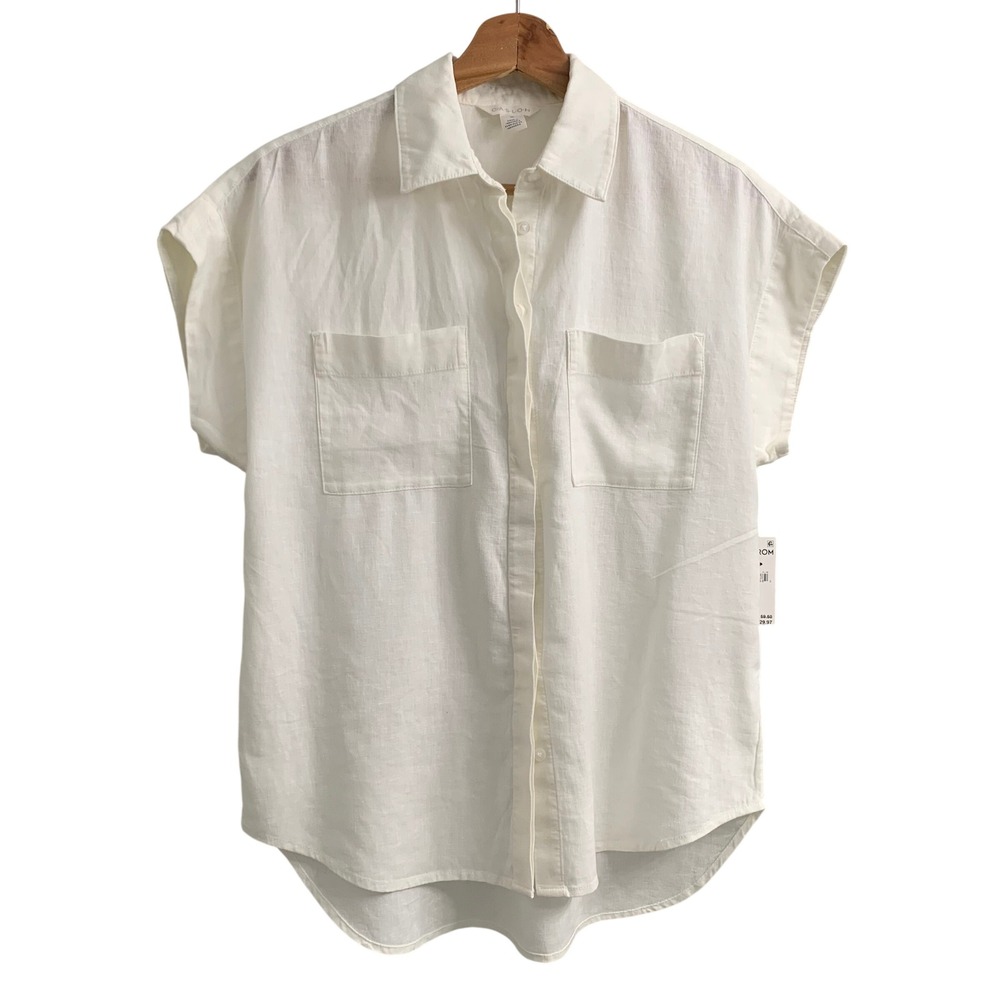 Caslon White Linen Blend Short Sleeve Button Down Pocket Shirt XS New - Picture 3 of 7